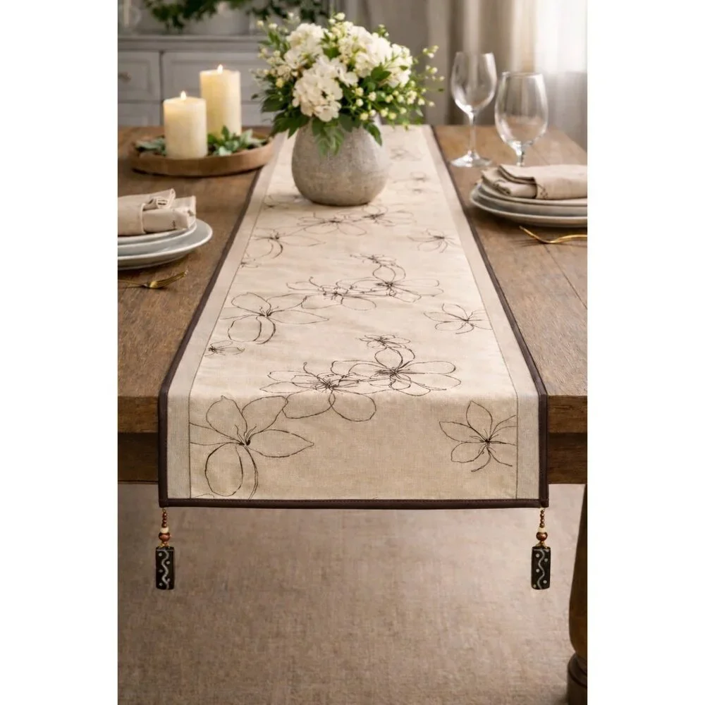Pier 1 Imports Amherst Table Runner 72 x 14 Beige Floral Taupe Stripes Beaded Ta